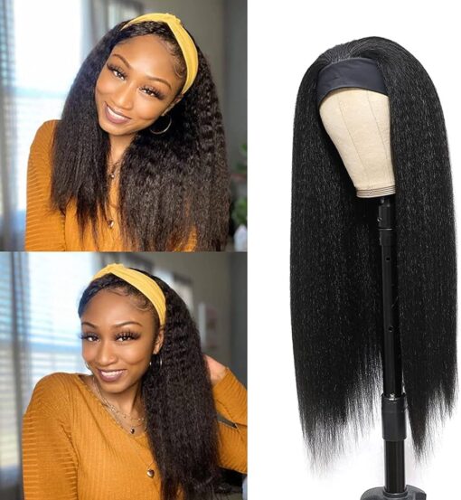 Vligcor 12Inch Kinky Straight Headband Wigs For Women Black Women None Lace Synthetic Hair Headband Wigs Long Yaki Straight Wigs Natural Hairline Glueless MI1603754