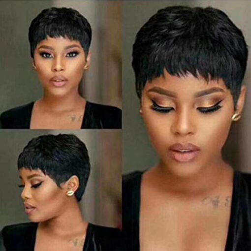 Vrvogue Pixie Wigs Short Black Wavy Layered Short Human Hair Wigs For Women Black Women (1B#) MI1602094