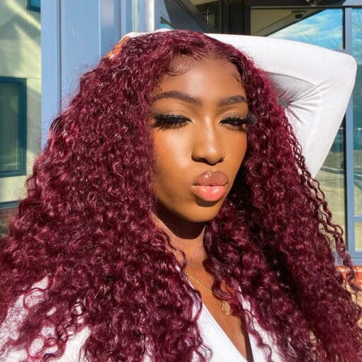 Vshow 99J Burgundy Transparent Kinky Curly Lace Front Wigs Human Hair Pre Plucked 150% Density Brazilian 4X4 Lace Closure Human Hair Wigs For Women Black MI1611254