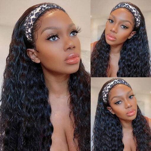 Water Wave Headband Wig Human Hair Brazilian Virgin Hair Wet And Wavy Headband Wigs For Women Black Women Curly Headband Human Hair Wig 180% Density Natural MI1602214