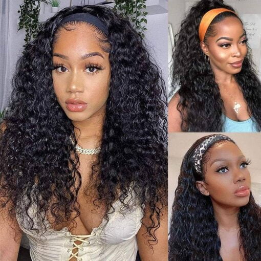 Water Wave Headband Wig Human Hair Wet And Wavy Headband Wigs For Women Black Women Curly Human Hair Wig With Headbands Attached Brazilian Hair Machine Made MI1602212