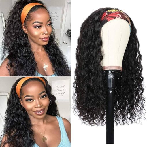 Water Wave Headband Wigs Human Hair For Women Black Women Non Lace Front Wigs Brazilian Virgin Hair Wet And Wavy Headband Human Hair Wigs Glueless Machine MI1604232