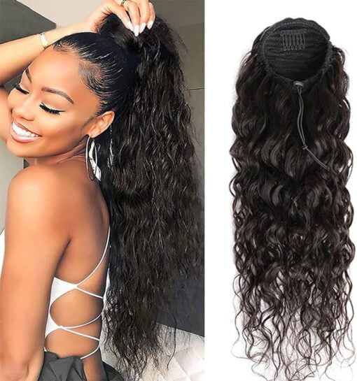 Water Wave Ponytail Human Hair Drawstring Ponytail Extension Clip In Hair Curly Straight Natural Black Onytails For Women Women Clip In On Ponytail Hair MI1604314