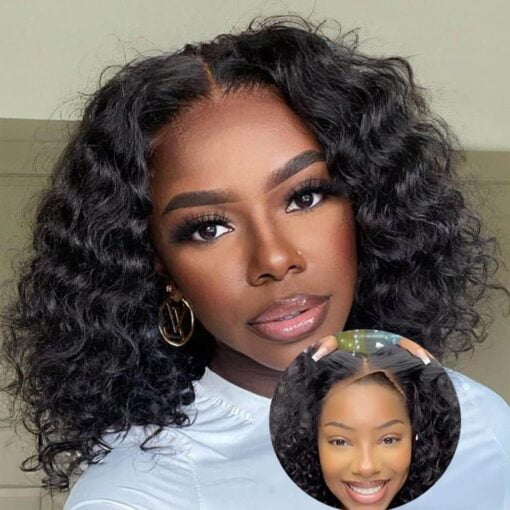 Wear And Go Glueless Bob Wigs Human Hair Pre Plucked Pre Cut Deep Wave Bob Wig Human Hair Lace Front Wigs For Women Black Women Upgraded No Glue 4X4 Lace MI1604628