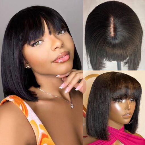 Wear And Go Human Hair Short Black Bob Wig With Bangs 180 Density Realistic Look 3X1 Hd Lace Scalp Bob Bang Wig Glueless 100% Brazilian Human Hair For Women MI1605003