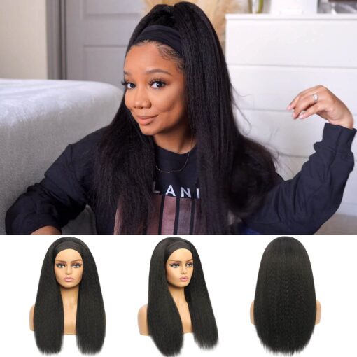 Wedao 22 Inch Kinky Straight Headband Wig Synthetic For Women Black Women Clearance Long Head Wrap Half Wigs With Headband Attached Easy To Wear Cheap MI1604402