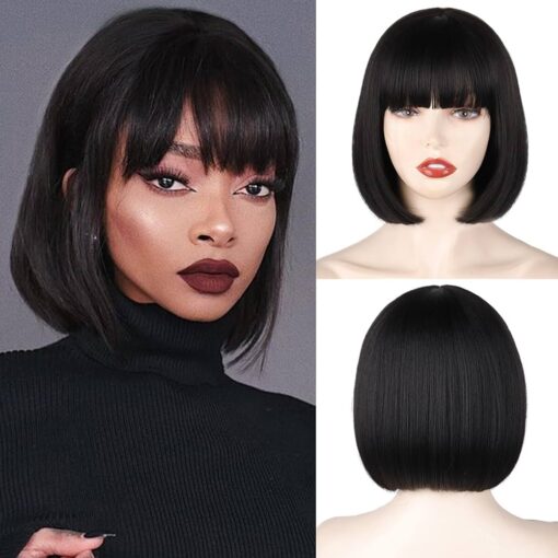 Werd Black Short Bob Wig,Straight Black Bob Wig With Bangs, 10 Inch Straight Bob Bangs Wig For Women Women Natural Looking For Women Daily Use MI1604509