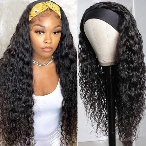 Wet And Wavy Headband Wigs Human Hair Brazilian Virgin Hair Water Wave Headband Wigs For Women Black Women 150% Density Glueless Non Lace Front Wigs Half MI1602662