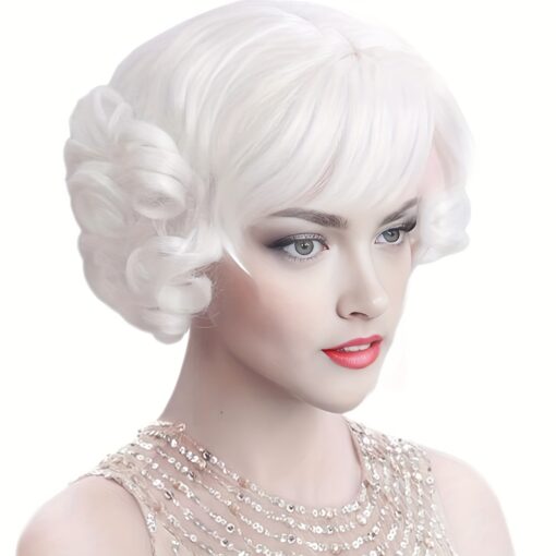 White Curly Wigs Bangs Women Cosplay Costume Short Layered MI1604081