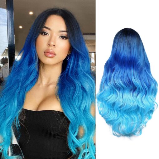 Wiger Long Blue Wavy Wigs For Women Women Ombre Blue Body Wave Mermaid Hair Wigs Long Curly Synthetic Hair For Women Daily Or Cosplay MI1610448