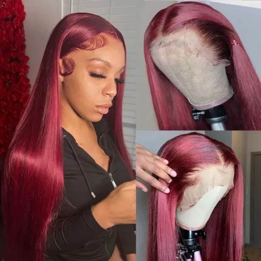 Wiggogo Red Lace Front Human Hair Wigs 99J Burgundy 13X4 MI1611646