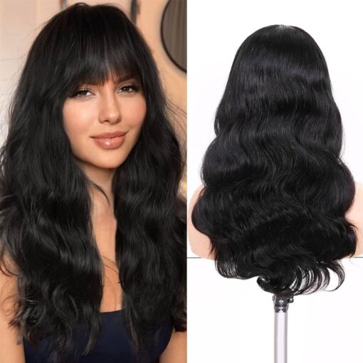 Wignee Natural Wave Wigs With Bangs 100% Brazilian Human Hair Wave Wigs Natural Black (18 Inch 1B) MI1603349