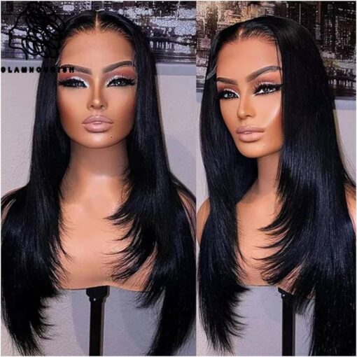 Wigs Inner Buckle Straight Lace Front Human Hair Wigs 180 Density Layered Wig Human Hair For Women Black Women Pre Plucked Black Lace Wigs (Size : 13X5X1 T MI1604091