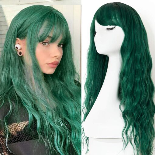 Wigs With Bangs Ombre Dark Green Wig Long Loose Wavy Curly Hair Synthetic Fiber Glueless Dark Root No Lace Wig For Women Women MI1610772