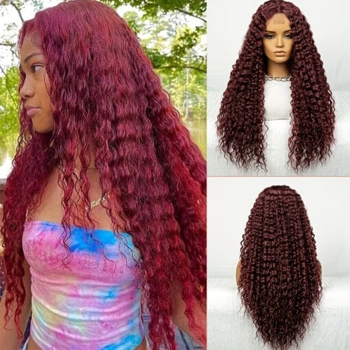 Wine Red Deep Wave U Part Lace Front Wigs Synthetic Fiber MI1611327