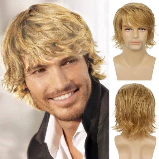 Wiwige Mens Blonde Wig Short Layered Natural Fluffy Wig Synthetic Heat Resistant Halloween Cosplay Hair Wig MI1610722