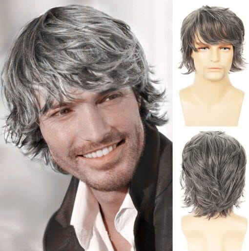 Wiwige Mens Grey Wig Short Layered Natural Fluffy Wig Synthetic Heat Resistant Halloween Cosplay Hair Wig MI1611842