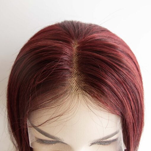 Women Dark Red Human Hair Lace Front Short Straight Bob Wig MI1603196