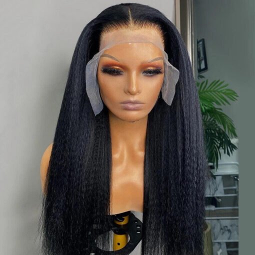 Women Long Yaki Kinky Straight Wig Black Syntehtic Hair Lace MI1605182