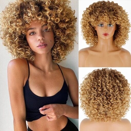 Women Ombre Blonde Short Curly Afro Wigs With Bangs Kinky Curly Wig Synthetic MI1606458