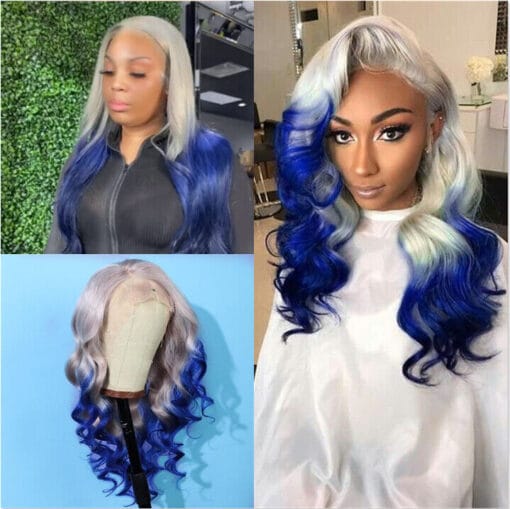 Women Ombre Blue Grey To Dark Blue Wigs Lace Front Wigs MI1611455