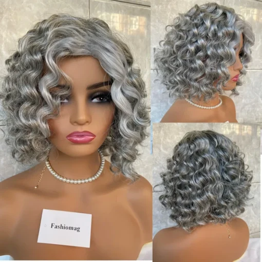 Women Short Curly Gray Sliver Human Hair Blend Heat Ok Wigs Natural Soft Daily MI1604213