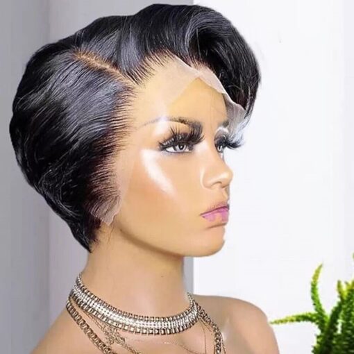 Women Short Pixie Cut Black 100% Remy Human Hair Wig Soft Natural Lace Front Wig MI1605818