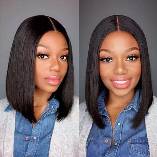 Women Short Straight Black Bob Wig Middle Part Synthetic MI1603199