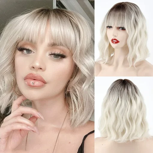 Women Short Wavy Bob Wigs With Bangs Synthetic Hair Fashion MI1603801