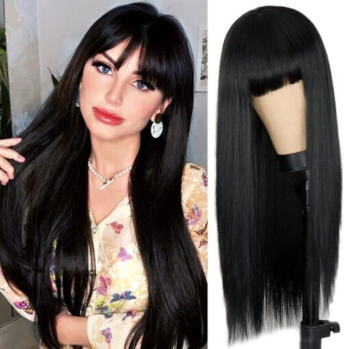 Women'S Black Long Straight Wig With Bangs 28 Inches MI1605283