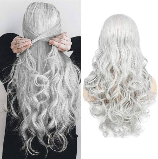 Women'S Long Curly Wavy Silver Gray Wigs Cosplay Costume Halloween Wigs Synthetic Middle Parting Replacement Wig With Wig Cap MI1611984