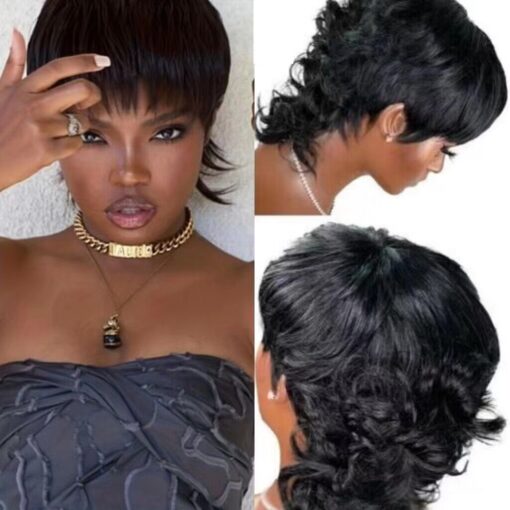 Women'S Mullet Wig Black Pixie Cut Curly Brazilian Human MI1605024