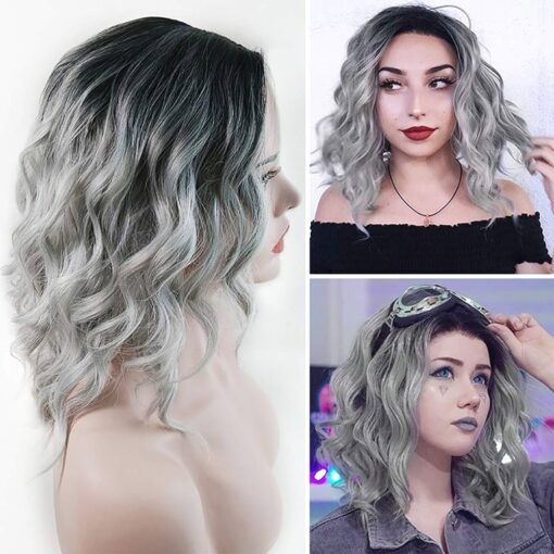 Wujie Ombre Grey Wigs None Lace Dark Roots Silver Short Wave Bob Curly Synthetic Wig For Women Women Cosplay Hair Side Part MI1611125