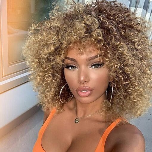 Xinran 14 Inch Blonde Curly Wigs 70S, Kinky Brown Mixd Blonde Afro Wigs For Women Black Women, Synthetic Afro Curly Blonde Wigs For Women Women (Brown To Blonde) MI1606447