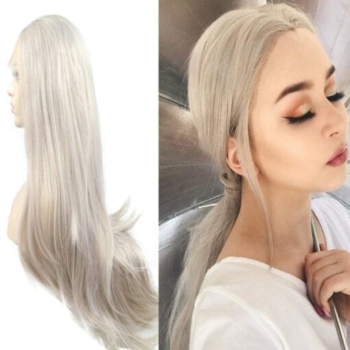 Xiweiya Long Silver Blonde 13 * 4 Lace Front Wigs Light Platinum Silver Synthetic Lace Front Wig Heat Resistant Fiber Half Hand Tied Middle Parting MI1611614