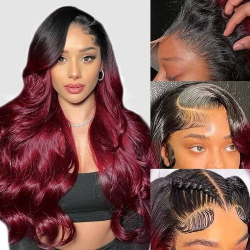 Xnj 1B/99J Lace Front Wigs Human Hair Pre Plucked 13X4 Dark Root Burgundy Body Wave Human Hair Wig With Baby Hair 150% Density Ombre Red Wig Colored MI1610821