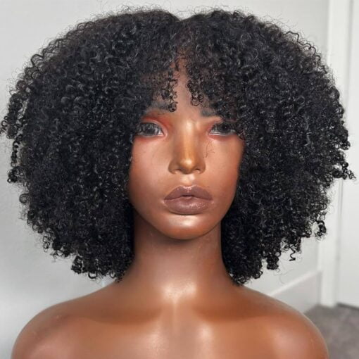 Young Beauty Afro Kinky Curly Wig With Bangs Glueless Scalp Top Full Machine Made Human Hair Wigs For Women Black Women 200Density Kinky Curly Brazilian MI1602930