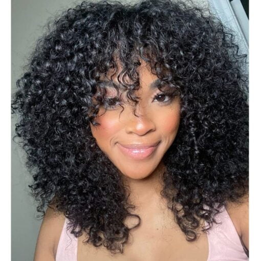 Young Beauty Curly Human Hair Wig With Bangs 100% Brazilian Human Hair Curly Wigs O Scalp Top Full Machine Made Wig For Women Black Women Loose Curly Wigs MI1602411